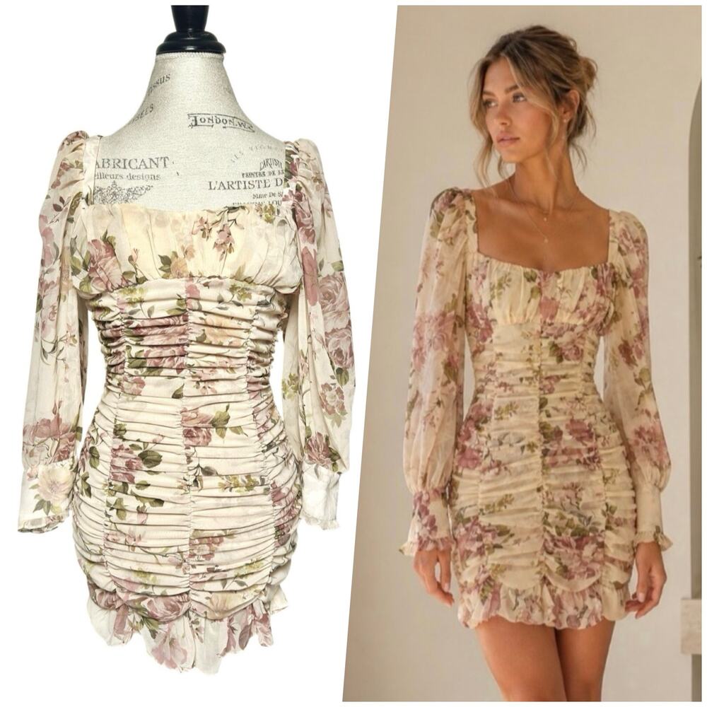 Zara | Women | Romantic Floral Coquette Ruched Chiffon Bodycon Mini Dress | XS